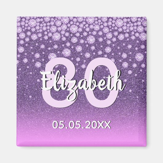 80th誕生日パープルピンクグリッターダイヤモンド名 マグネット (正面)