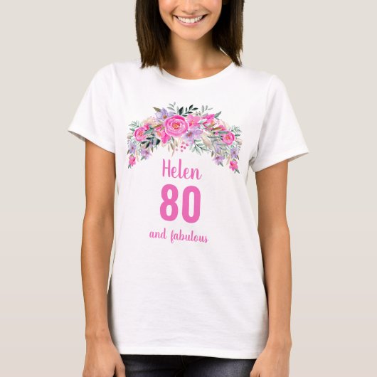 80th誕生日ピンクのフローラ名 tシャツ (正面)