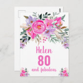 80th誕生日ピンクの水カラーフローラカード ポストカード (正面/裏面)