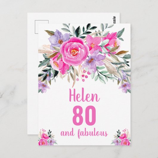 80th誕生日ピンクの水カラーフローラカード ポストカード (正面/裏面)
