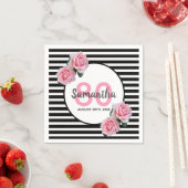 80th誕生日ピンクの花ブラックストライプ名 スタンダードカクテルナプキン (インサイチュ)