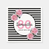 80th誕生日ピンクの花ブラックストライプ名 スタンダードカクテルナプキン (正面)