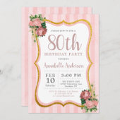 80th誕生日ピンクストライプフローラ金ゴールドグリッターシック 招待状 (正面/裏面)