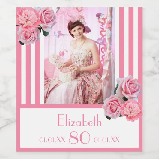 80th誕生日ピンク白いストライプフローラの写真名 ワインラベル (シングルラベル)