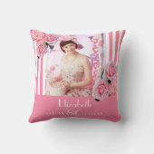 80th誕生日ピンク白いストライプフローラ写真 クッション (裏面)