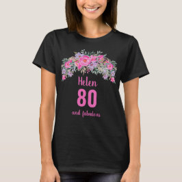 80th誕生日ピンク黒フローラ名 tシャツ