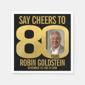 80th誕生日フォト応援ブラックと金ゴールド スタンダードカクテルナプキン (正面)