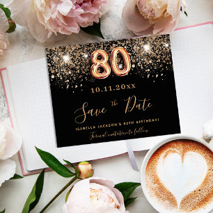 80th誕生日ブラックグリッター予算の日付を保存 チラシ