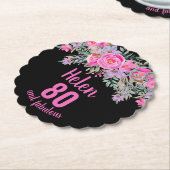 80th誕生日ブラックピンクフローラスクリプト名 ペーパーコースター (アングル)