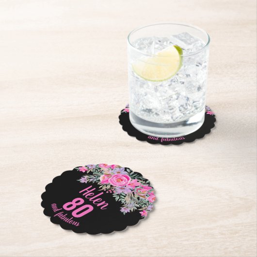 80th誕生日ブラックピンクフローラスクリプト名 ペーパーコースター (インサイチュ)