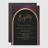 80th誕生日ブラックブルゴーニュ金ゴールドアーチ贅沢 マグネット招待状 (正面/裏面)