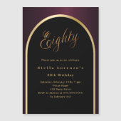 80th誕生日ブラックブルゴーニュ金ゴールドアーチ贅沢 マグネット招待状 (正面)
