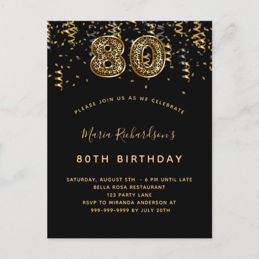 80th誕生日ブラック金ゴールドヒョウ印刷ラグジュアリー インビテーションポストカード (正面)