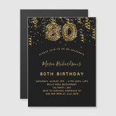 80th誕生日ブラック金ゴールドヒョウ印刷ラグジュアリー マグネット招待状 (正面/裏面)