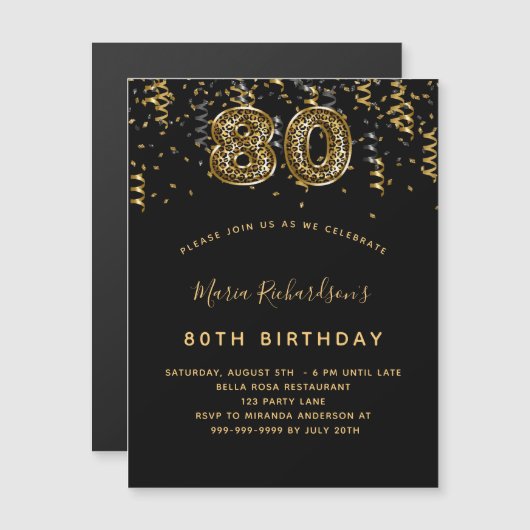 80th誕生日ブラック金ゴールドヒョウ印刷ラグジュアリー マグネット招待状 (正面/裏面)