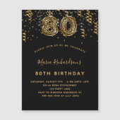 80th誕生日ブラック金ゴールドヒョウ印刷ラグジュアリー マグネット招待状 (正面)