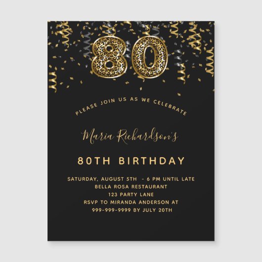 80th誕生日ブラック金ゴールドヒョウ印刷ラグジュアリー マグネット招待状 (正面)