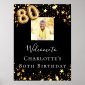 80th誕生日ブラック金ゴールド星写真ようこそ ポスター (正面)
