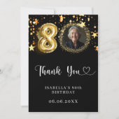 80th誕生日ブラック金ゴールド星写真 サンキューカード (正面)