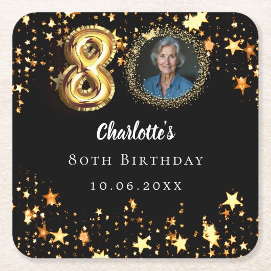 80th誕生日ブラック金ゴールド星写真 スクエアペーパーコースター (正面)