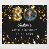 80th誕生日ブラック金ゴールド星写真 スパークリングワインラベル (シングルラベル)