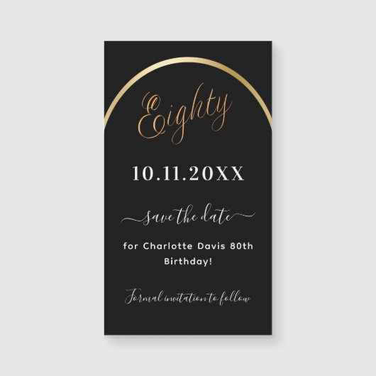80th誕生日ブラック金ゴールドDateマグネットを保存 (正面)