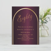 80th誕生日ブルゴーニュ金ゴールドアーチスクリプト豪華さ 招待状 (スタンド正面)