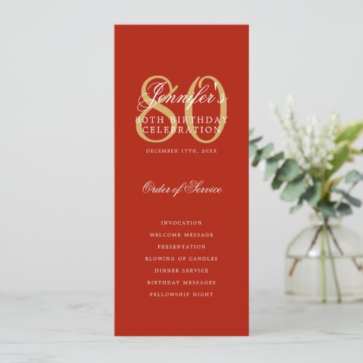 80th誕生日プログラム金ゴールド赤ありがとう 招待状 (スタンド正面)