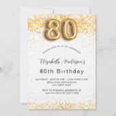 80th誕生日ホワイト金ゴールドグリッターラグジュアリー 招待状 (正面)