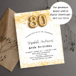 80th誕生日ホワイト金ゴールドグリッター予算 チラシ<br><div class="desc">この招待はチラシ紙で非常に薄い。封筒は含まれない。厚い招待状(同じデザイン)は当店を訪ねてほしい。80歳エレガントの誕生日パーティー。シックな白い背景。フェイク飾金ゴールドグリッター、きらめき。名前、年齢、およびパーティー詳細をカスタマイズして追加する。名前は手書入力のスタイルスクリプトで指定する。番号80バルーンスタイルフォント。</div>