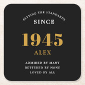 80th誕生日名1945ブラック金ゴールドシック スクエアペーパーコースター (正面)