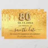 80th誕生日金ゴールドグリッター日付カードを保存 (正面/裏面)