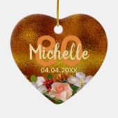 80th誕生日金ゴールドフローラ名の日付 セラミックオーナメント (裏面)