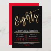 80th誕生日金ゴールドブラックパーティの招待状 招待状 (正面/裏面)