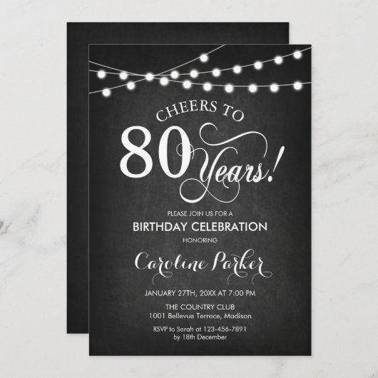 80th誕生日 – シャルボード白黒 招待状 (正面/裏面)