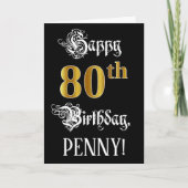 80th誕生日:ファンシースクリプト、フェイク金ゴールド・ルック、名前 カード (正面)