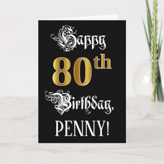 80th誕生日:ファンシースクリプト、フェイク金ゴールド・ルック、名前 カード (正面)