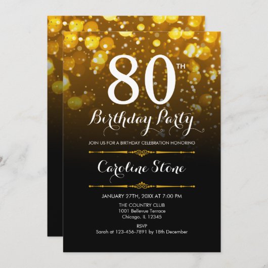 80th誕生日-白黒金ゴールド 招待状 (正面/裏面)