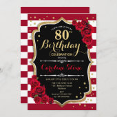 80th誕生日 – 赤金ゴールド白黒ストライプバラ 招待状 (正面/裏面)