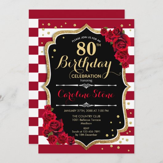 80th誕生日 – 赤金ゴールド白黒ストライプバラ 招待状 (正面/裏面)