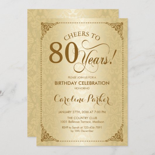 80th誕生日-金ゴールドダマスク 招待状 (正面/裏面)