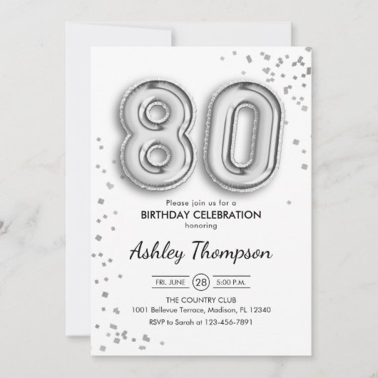 80th誕生日- Slver Balloons 招待状 (正面)