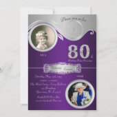 80th,誕生日女性80th，アエレガントートデコ，紫 招待状 (正面)