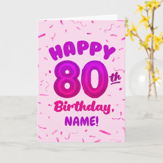80th Balloon Number Custom Name Birthday Card カード (黄色い花)