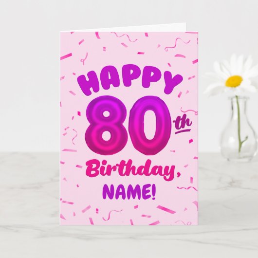 80th Balloon Number Custom Name Birthday Card カード (小さな植物)