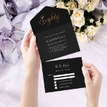 80th birthdayブラック金ゴールドスクリプトrsvp オールインワン招待状<br><div class="desc">黒い背景飾と80人と大き書い金ゴールドのフォントフェイク。名前、パーティー詳細、RSVP日付、差出人住所、名前をパーソナライズおよび追加。</div>