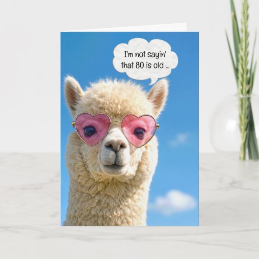 80th Birthday Alpaca In Pink Heart-shaped Glasses カード (正面)