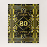 80th Birthday Art Deco Gold Black Great Gatsby ジグソーパズル<br><div class="desc">Celebrate your milestone birthday in style with this unique Art Deco-style,  Great Gatsby-inspired design featuring geometric shapes in bright gold over black background. An elegant,  classy,  gender neutral look perfect for commemorating that special birthday with the jazz-infused taste of the Roaring Twenties.</div>