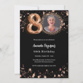 80th Birthday black rose gold photo stars 招待状 (正面)