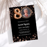 80th Birthday black rose gold photo stars 招待状<br><div class="desc">A modern,  stylish photo invitation for a 80th birthday party. A classic black background,  decorated with rose gold stars. Personalize and add your party details.</div>
